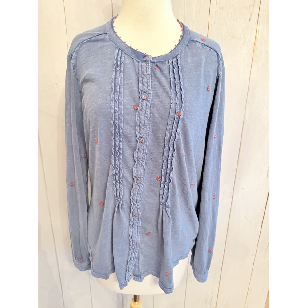 Lucky Brand Chambray Denim Blouse Pintuck Cotton Boho Red Flower Embroidered S-L
